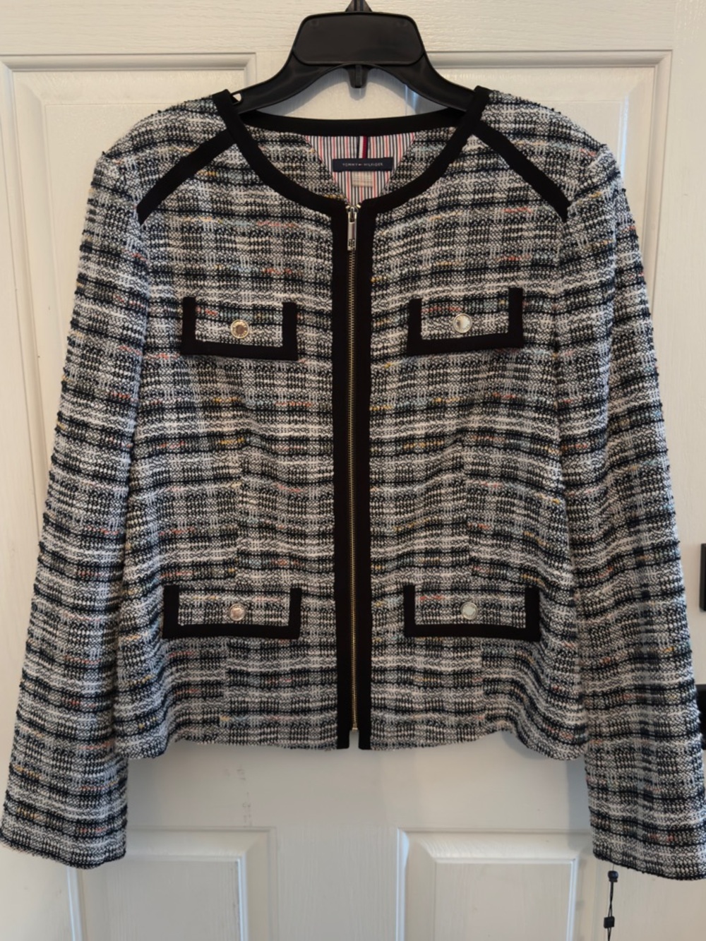 Tommy Hilfiger Black and White Tweed Zip-Front Jacket